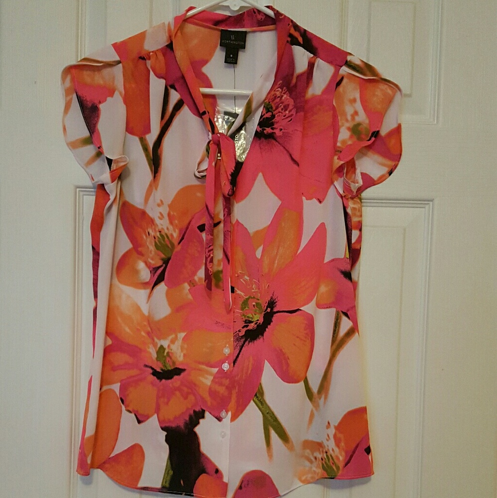 Worthington Tie-Neck Blouse Pink Wht Size S